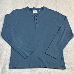 Billy Reid Men's Slub Tuck Henley Long sleeve Shirt in blue, size Large.